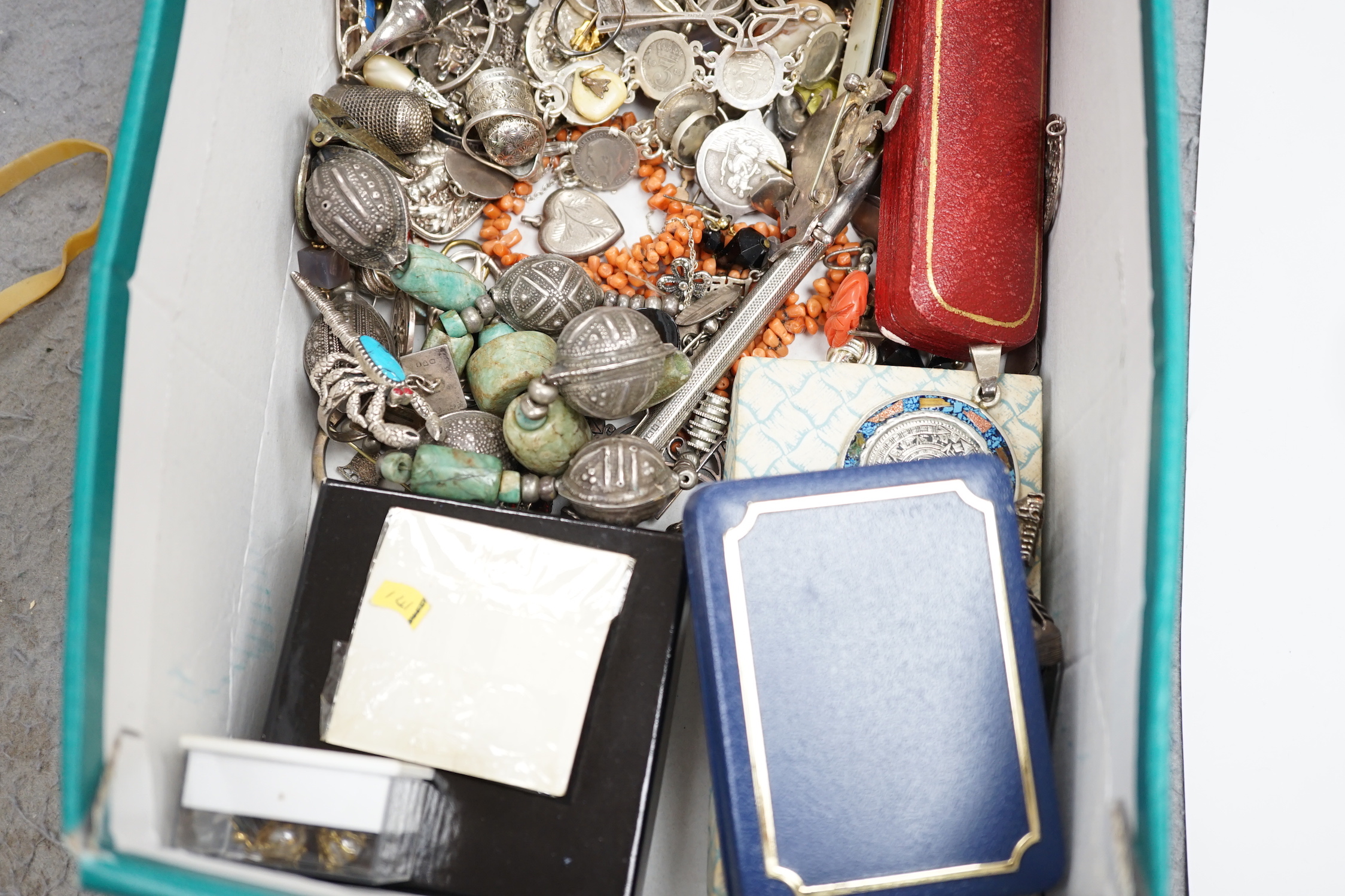 A quantity of assorted mixed silver, jewellery and other items including a sterling and enamel drop pendant, coral, silver brooches, Norwegian sterling and enamel flower brooch, fountain pen, pencils, cufflinks, silver s